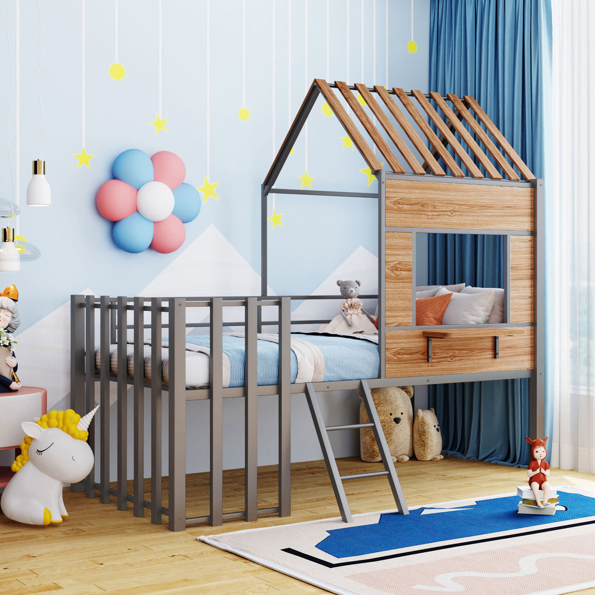 Metal Twin Size Loft Bed With Roof, Window, Guardrail, Ladder Silver Silver Metal