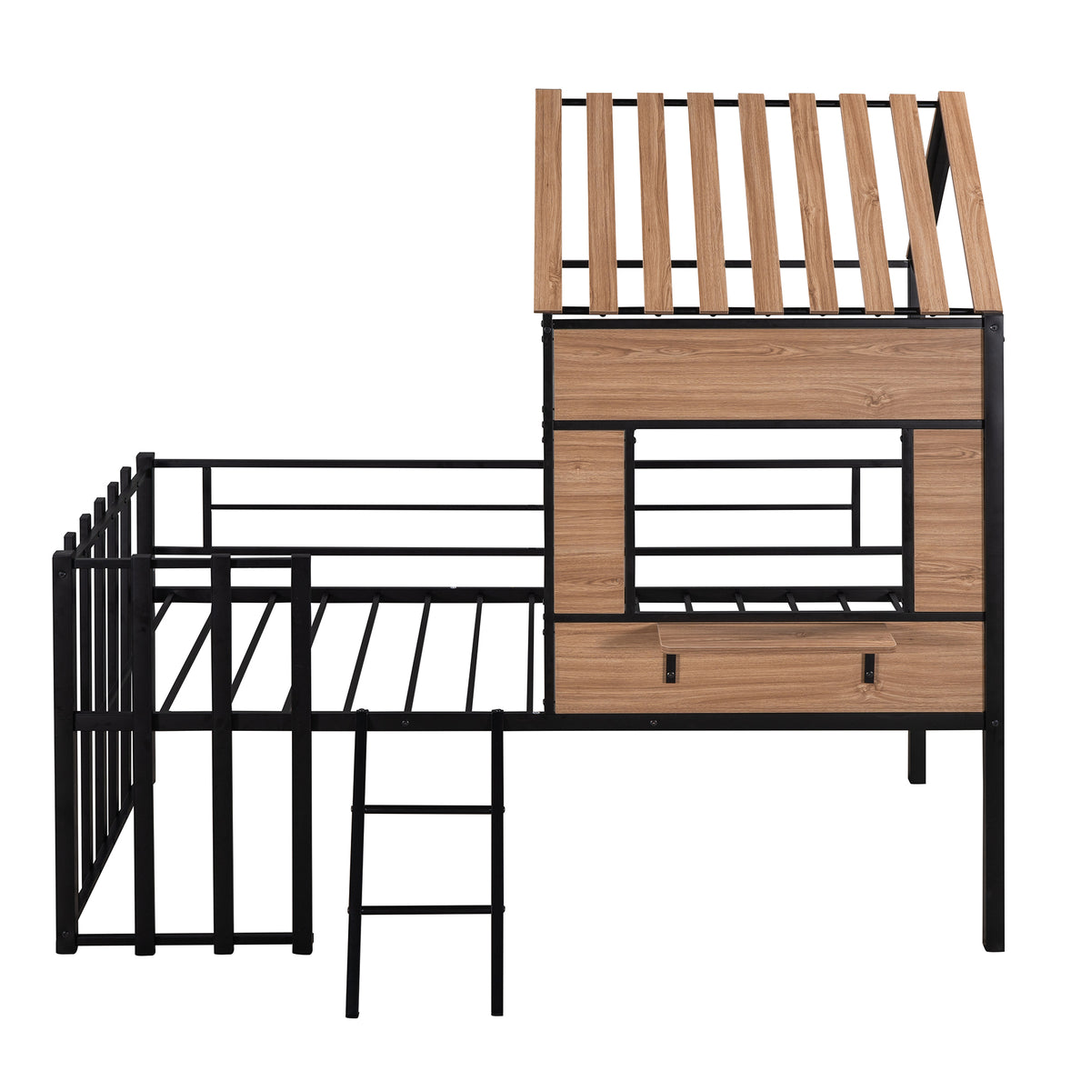 Metal Twin Size Loft Bed With Roof, Window, Guardrail, Ladder Black Black Metal