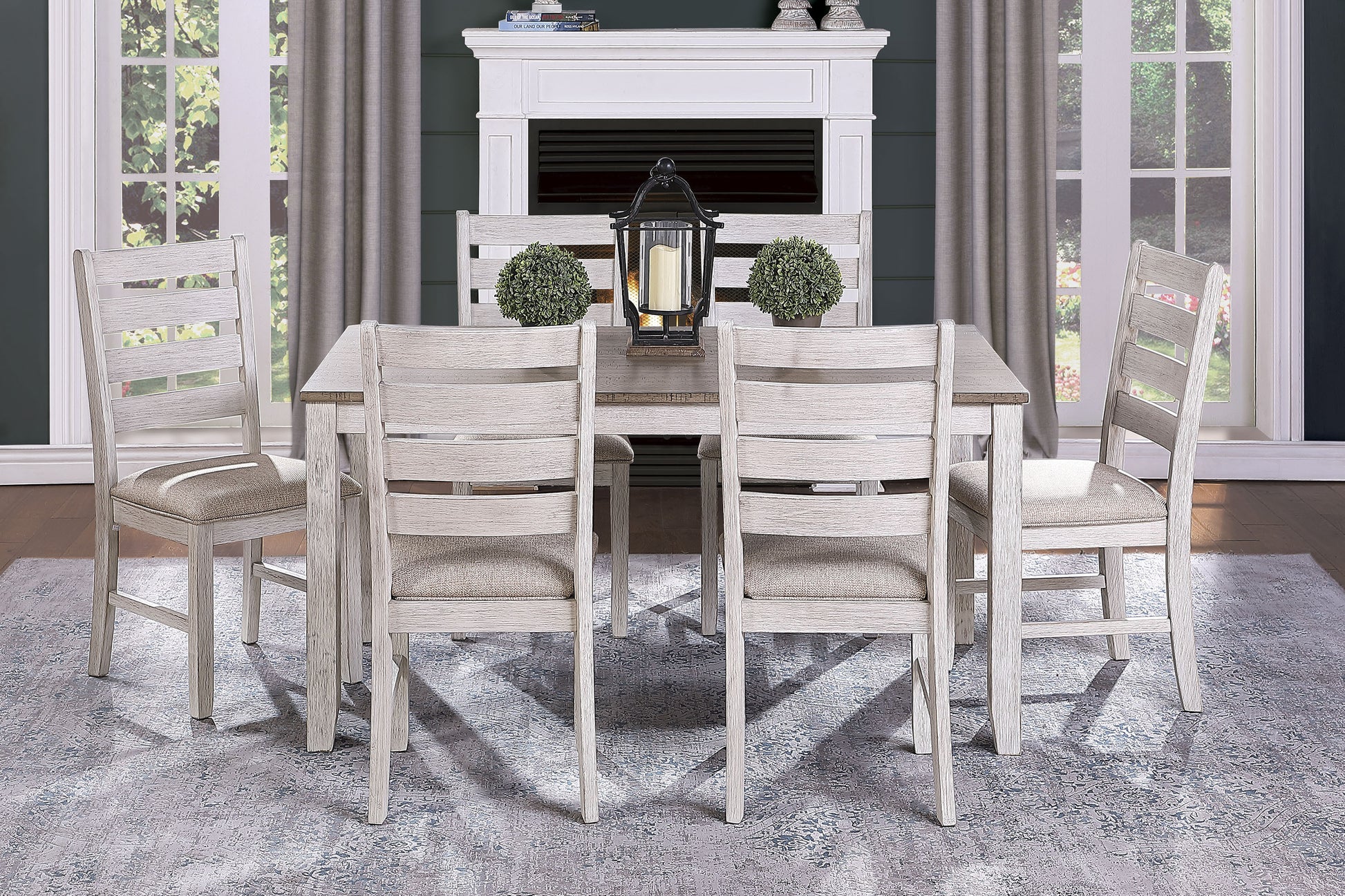 Grayish White And Brown Finish Casual Dining Room Furniture 7Pc Dining Set Rectangular Wooden Table And 6X Side Chairs Fabric Upholstered Seat Multicolor Seats 6 Dining Room Rectangular Dining Table With Chair Wood