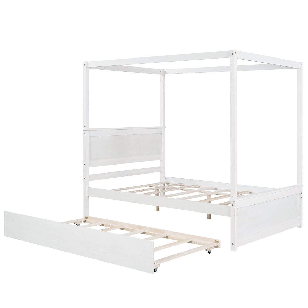 Wood Canopy Bed With Trundle Bed ,Full Size Canopy Platform Bed With Support Slats .No Box Spring Needed, Brushed White White Solid Wood