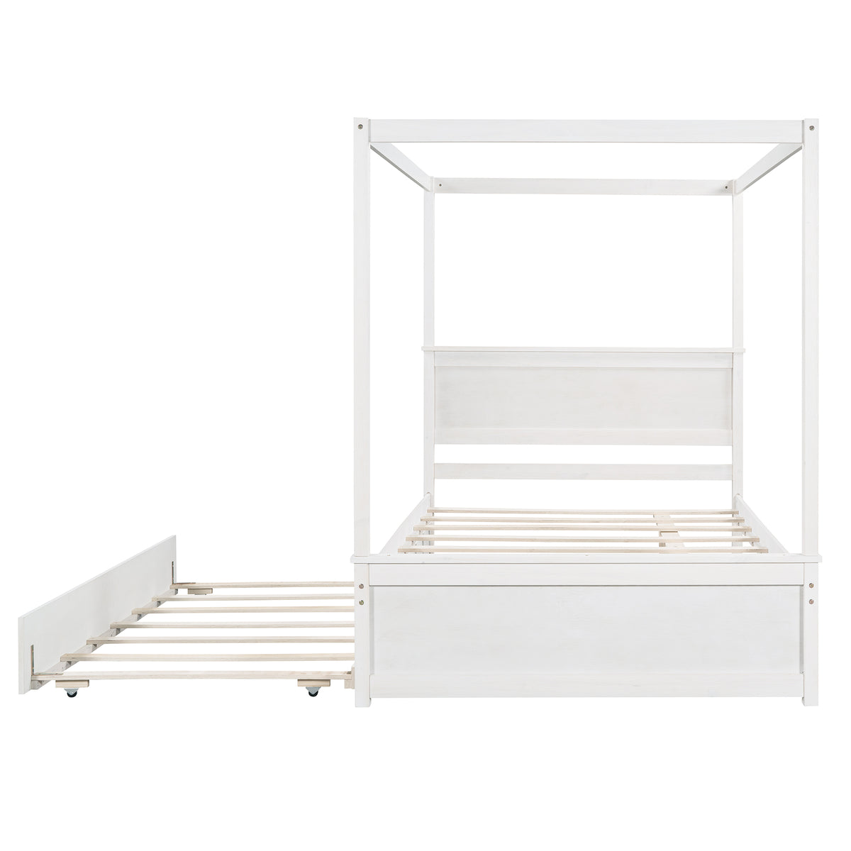 Wood Canopy Bed With Trundle Bed ,Full Size Canopy Platform Bed With Support Slats .No Box Spring Needed, Brushed White White Solid Wood