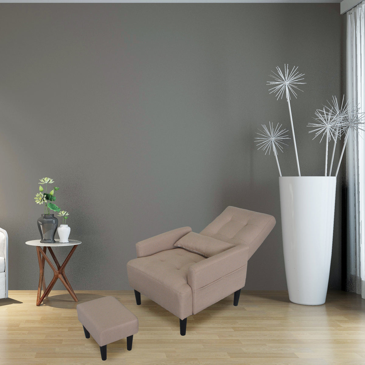 Redde Boo Brown Living Room Sofa Single Chair And Ottoman, Modern Multi Function Fabric Living Room Sofa Lounge Chair Bed And Stool.Soft Leisure Single Chair Adjustable Into 5 Angles With Sofa Bed Gray Modern Foam Fabric