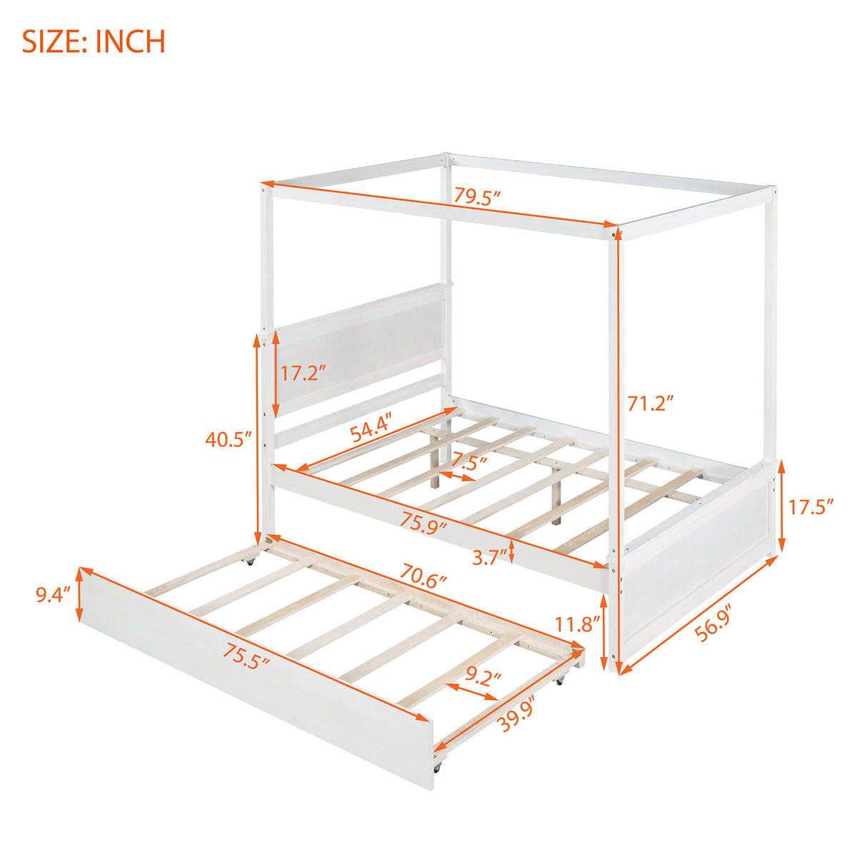 Wood Canopy Bed With Trundle Bed ,Full Size Canopy Platform Bed With Support Slats .No Box Spring Needed, Brushed White White Solid Wood