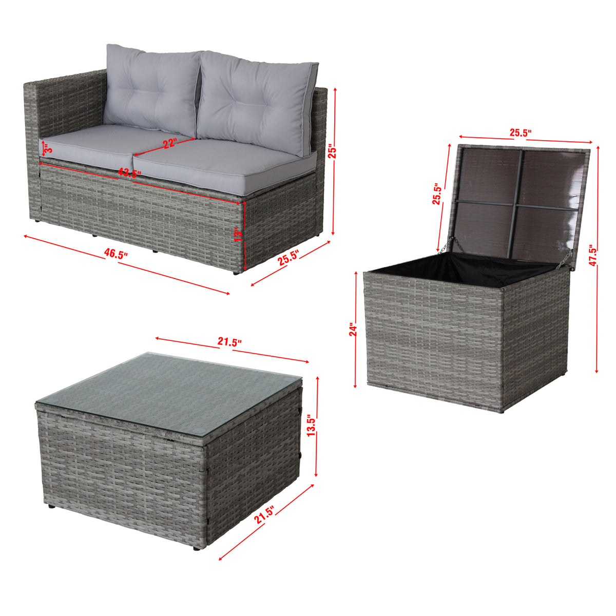 4 Piece Patio Sectional Wicker Rattan Outdoor Furniture Sofa Set With Storage Box Grey Grey Iron