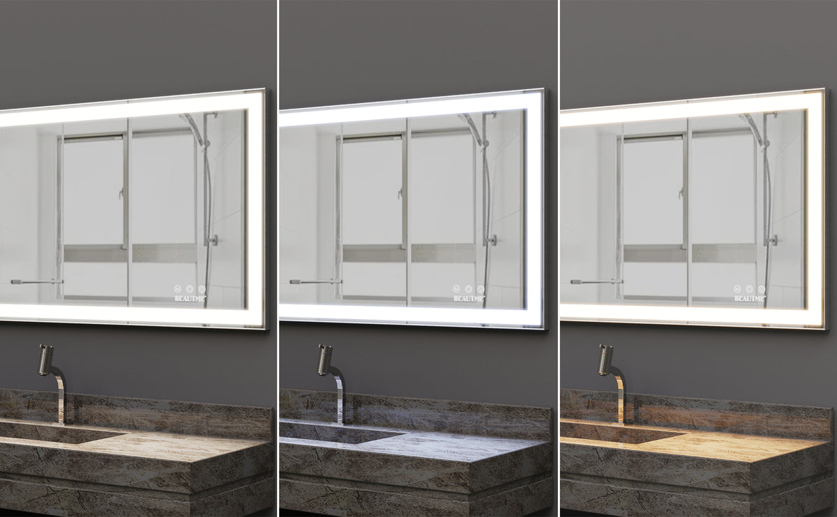 48X24 Inch Led Bathroom Vanity Mirror Wall Mounted Adjustable White Warm Natural Lights Anti Fog Touch Switch With Memory Modern Smart Large Bathroom Mirrors Silver Aluminium