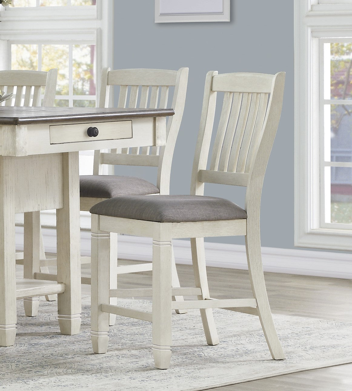 Antique White And Rosy Brown Counter Height Dining 7Pc Set Counter Height Table W Storage Display Shelf 4X Drawers Wine Rack And 6X Counter Height Chairs Wood Wood Antique White Seats 6 Wood Dining Room Casual Rectangular Dining Table With Chair Wood