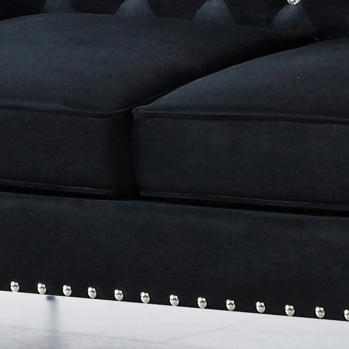 59.4 Inch Wide Black Velvet Sofa With Jeweled Buttons,Square Arm ,2 Pillows Black Velvet