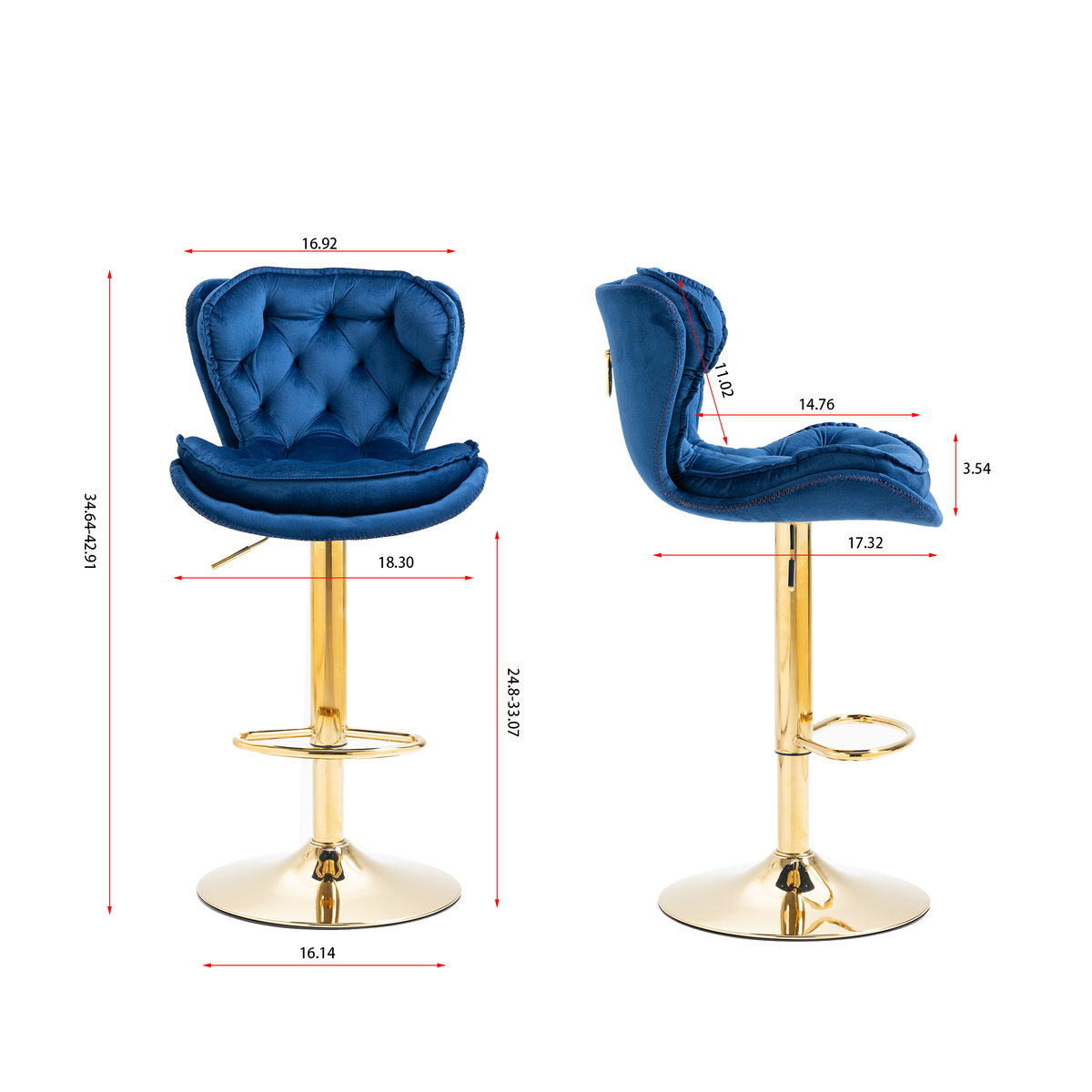 Set Of 2 Bar Stools,With Chrome Footrest And Base Swivel Height Adjustable Mechanical Lifting Velvet Golden Leg Simple Bar Stool Blue Navy Blue Foam Fabric