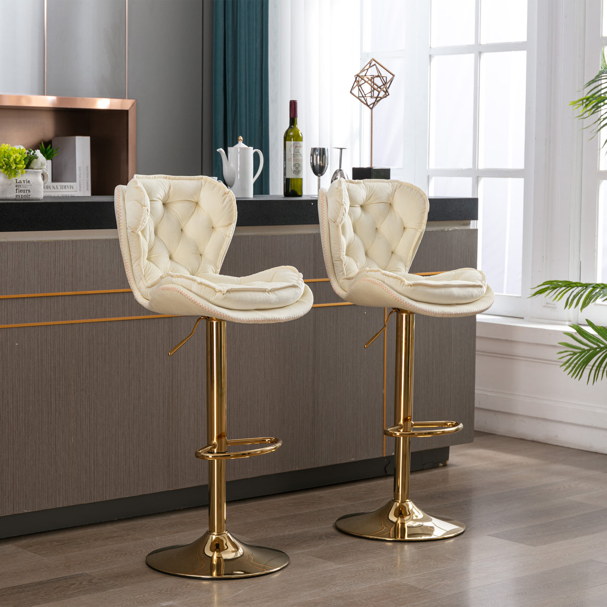 Set Of 2 Bar Stools,With Chrome Footrest And Base Swivel Height Adjustable Mechanical Lifting Velvet Golden Leg Simple Bar Stool Cream Cream Foam Fabric