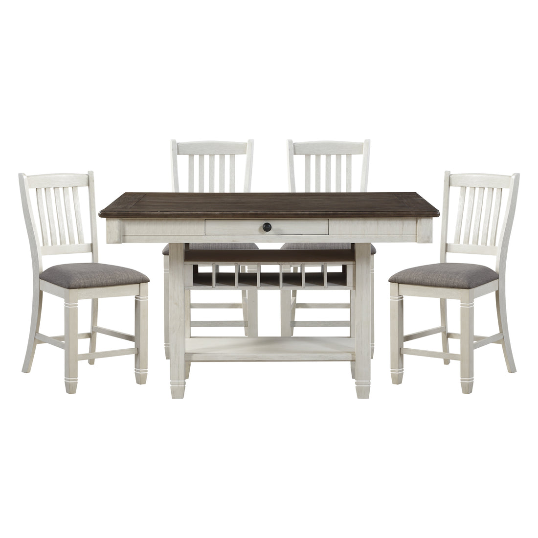 Antique White And Rosy Brown Counter Height Dining 5Pc Set Counter Height Table W Storage Display Shelf 4X Drawers Wine Rack And 4X Counter Height Chairs Wood Wood Antique White Seats 4 Wood Dining Room Casual Rectangular Dining Table With Chair Wood