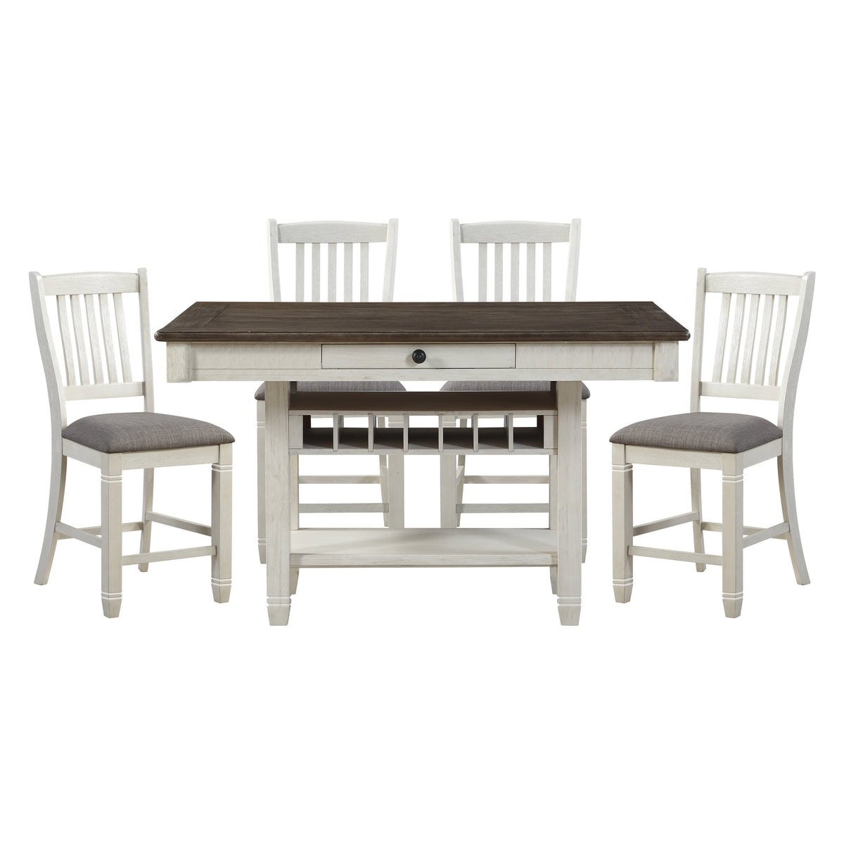 Antique White And Rosy Brown Counter Height Dining 5Pc Set Counter Height Table W Storage Display Shelf 4X Drawers Wine Rack And 4X Counter Height Chairs Wood Wood Antique White Seats 4 Wood Dining Room Casual Rectangular Dining Table With Chair Wood