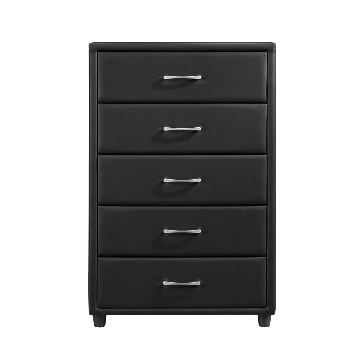 Contemporary Durable Black Faux Leather Covering 1Pc Chest Of Drawers Silver Tone Bar Pulls Stylish Furniture Black Bedroom Contemporary Plywood