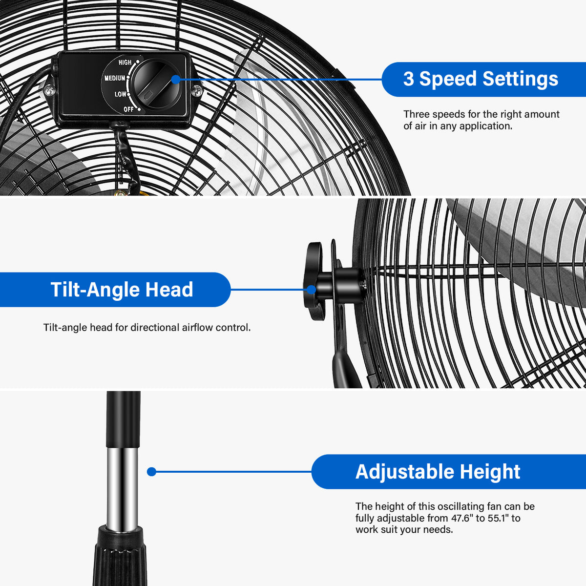 Simple Deluxe 18 Inch Pedestal Standing Fan, High Velocity, Heavy Duty Metal For Industrial, Commercial, Residential, Greenhouse Use, Black Black Metal