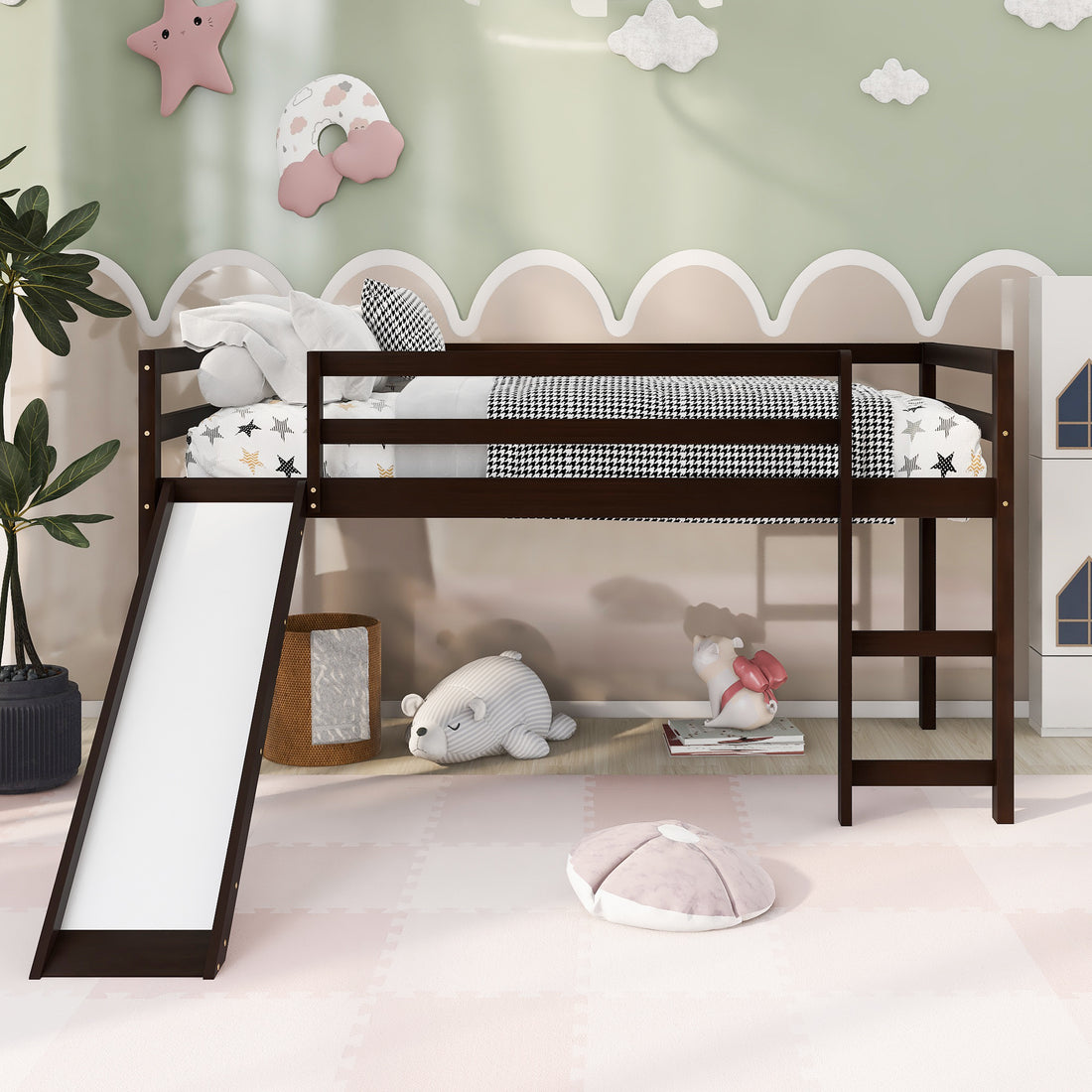 Loft Bed With Slide, Multifunctional Design, Twin Espresso Old Sku: Wf191904Aap Espresso Solid Wood