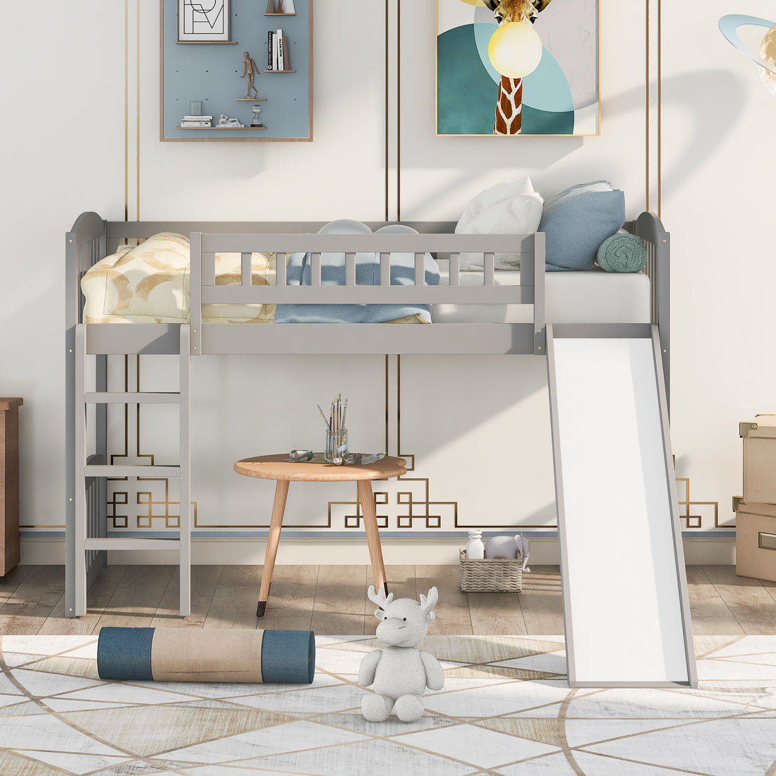 Twin Size Loft Bed With Slide And Ladder, Gray Old Sku:Lp000504Aae Gray Solid Wood