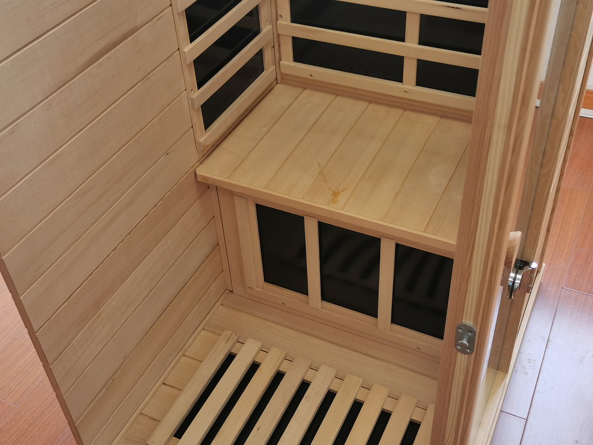 Hemlock Mini One Person Far Infrared Door On The Left Of The Indoor Sauna Room Natural Solid Wood