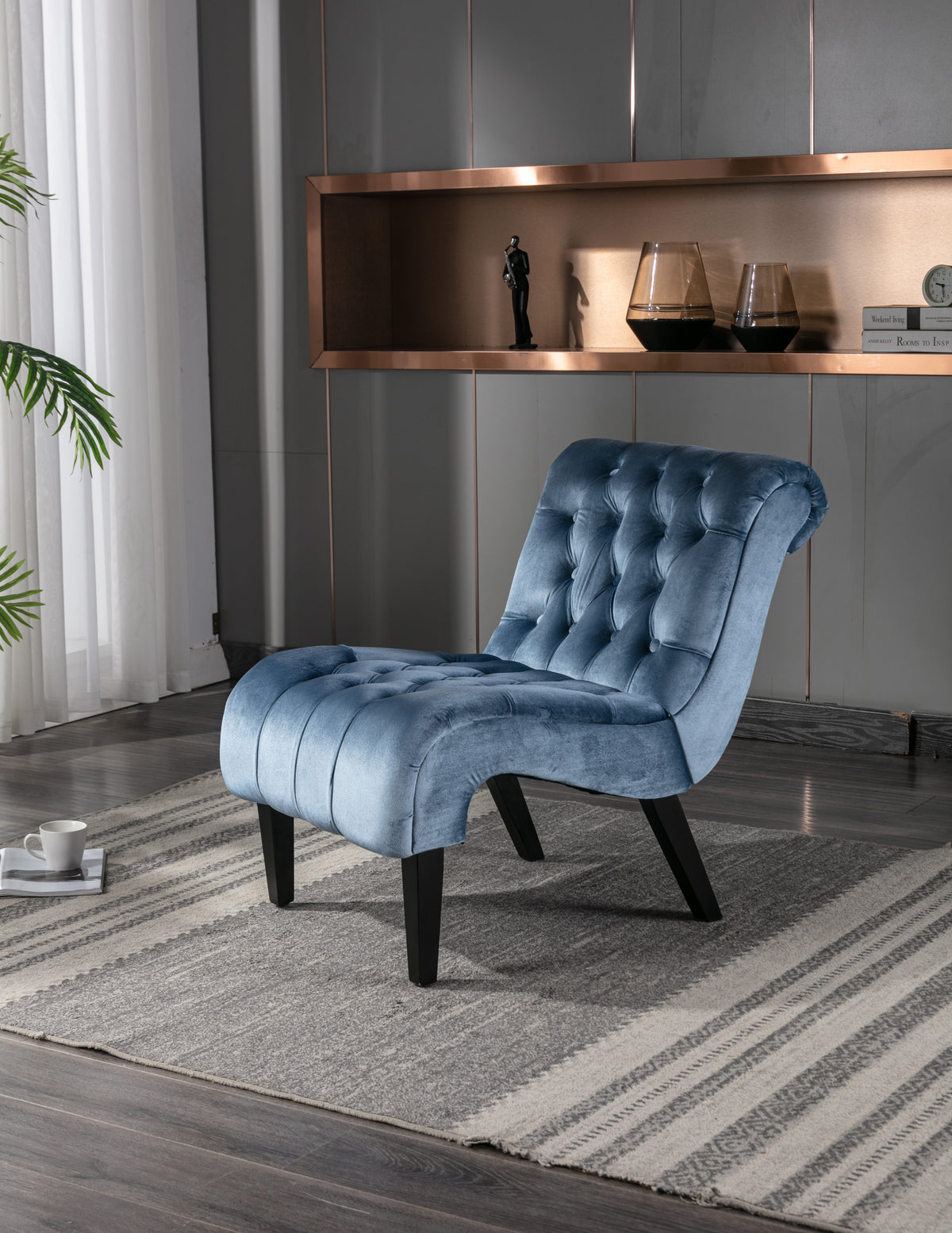 Coolmore Modern Velvet Armless Accent Living Room Chair Leisure Chair,Upholstered Fabric Button Comfortable Chair With Wooden Legs For Bedroom, Living Room, Office Light Blue Velvet Light Blue Foam Velvet