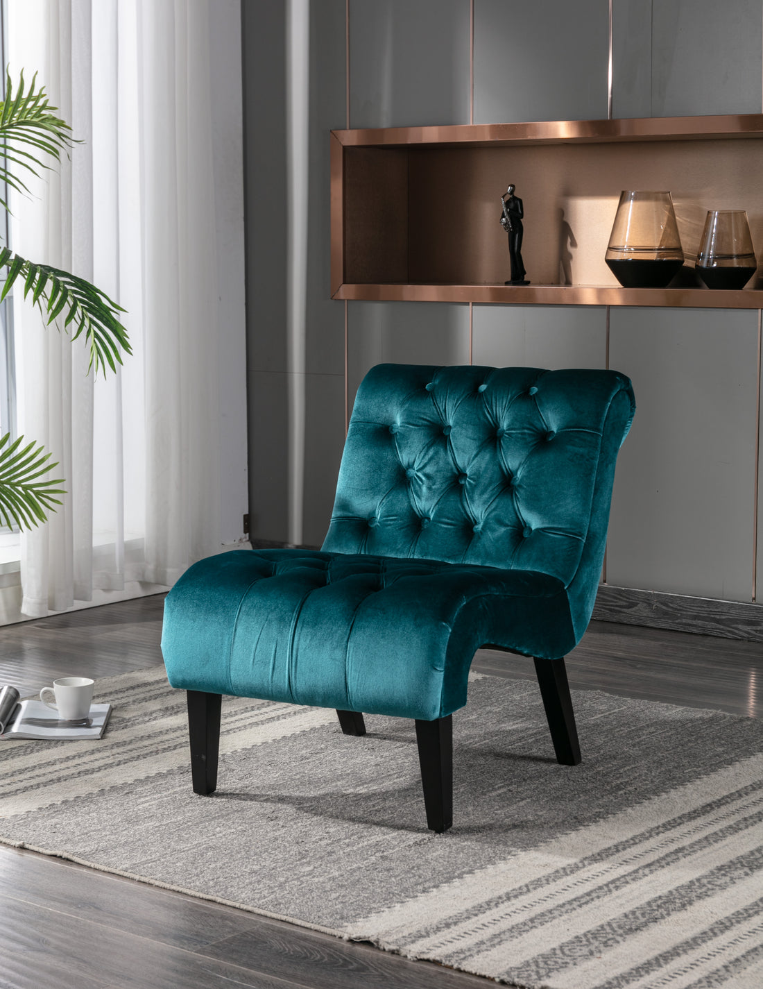 Coolmore Modern Velvet Armless Accent Living Room Chair Leisure Chair,Upholstered Fabric Button Comfortable Chair With Wooden Legs For Bedroom, Living Room, Office Teal Velvet Teal Primary Living Space Foam Velvet