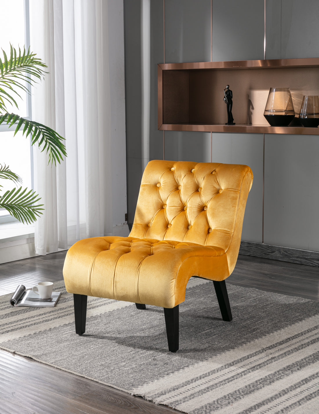 Coolmore Modern Velvet Armless Accent Living Room Chair Leisure Chair,Upholstered Fabric Button Comfortable Chair With Wooden Legs For Bedroom, Living Room, Office Mustard Velvet Mustard Primary Living Space Foam Velvet