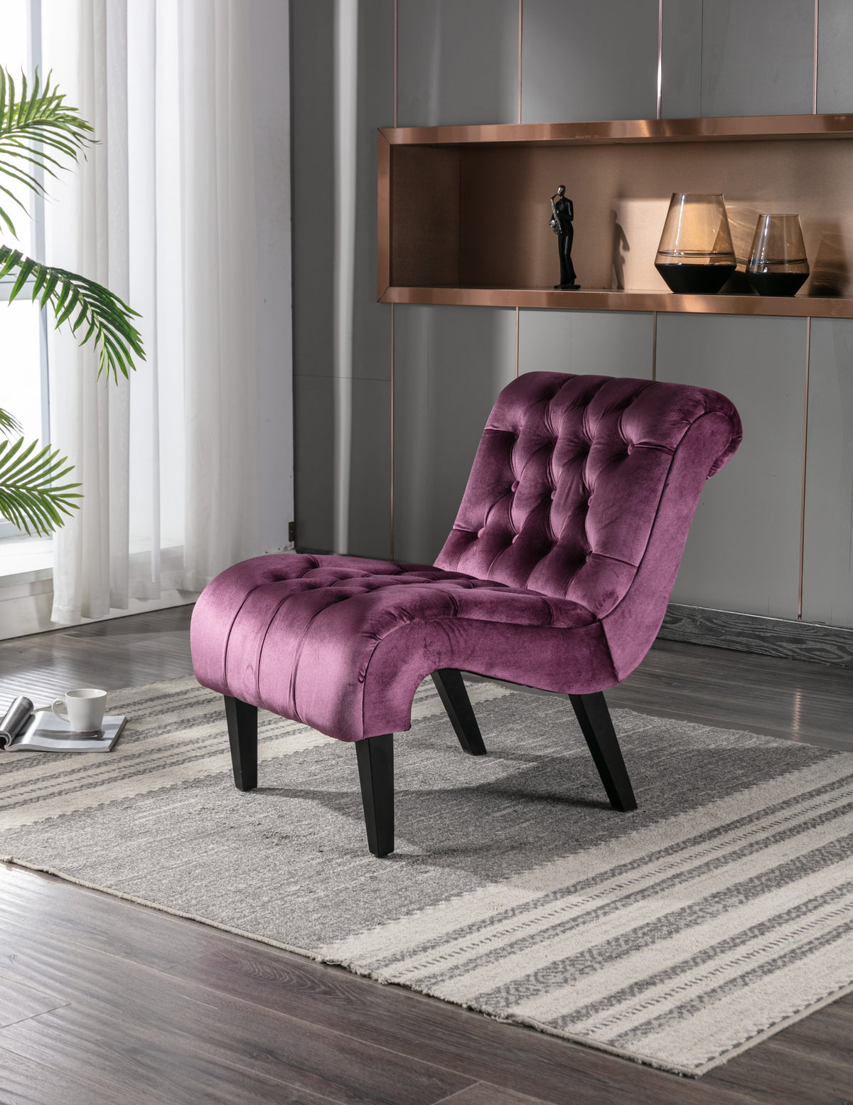 Coolmore Modern Velvet Armless Accent Living Room Chair Leisure Chair,Upholstered Fabric Button Comfortable Chair With Wooden Legs For Bedroom, Living Room, Office Purple Velvet Purple Primary Living Space Foam Velvet