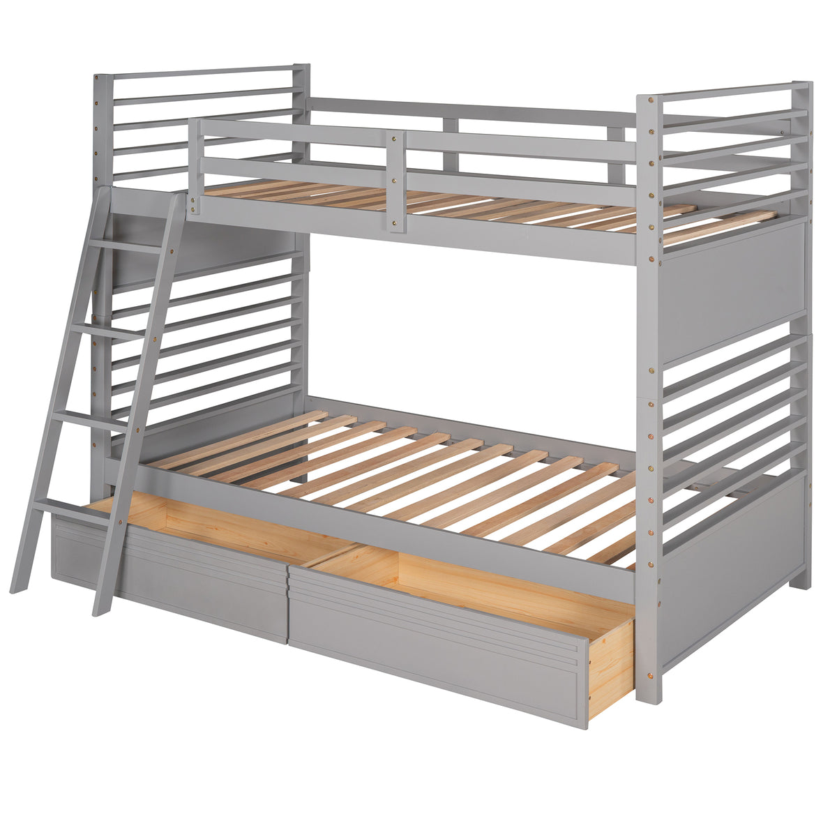 Twin Over Twin Wood Bunk Bed With Two Drawers Gray Gray Solid Wood