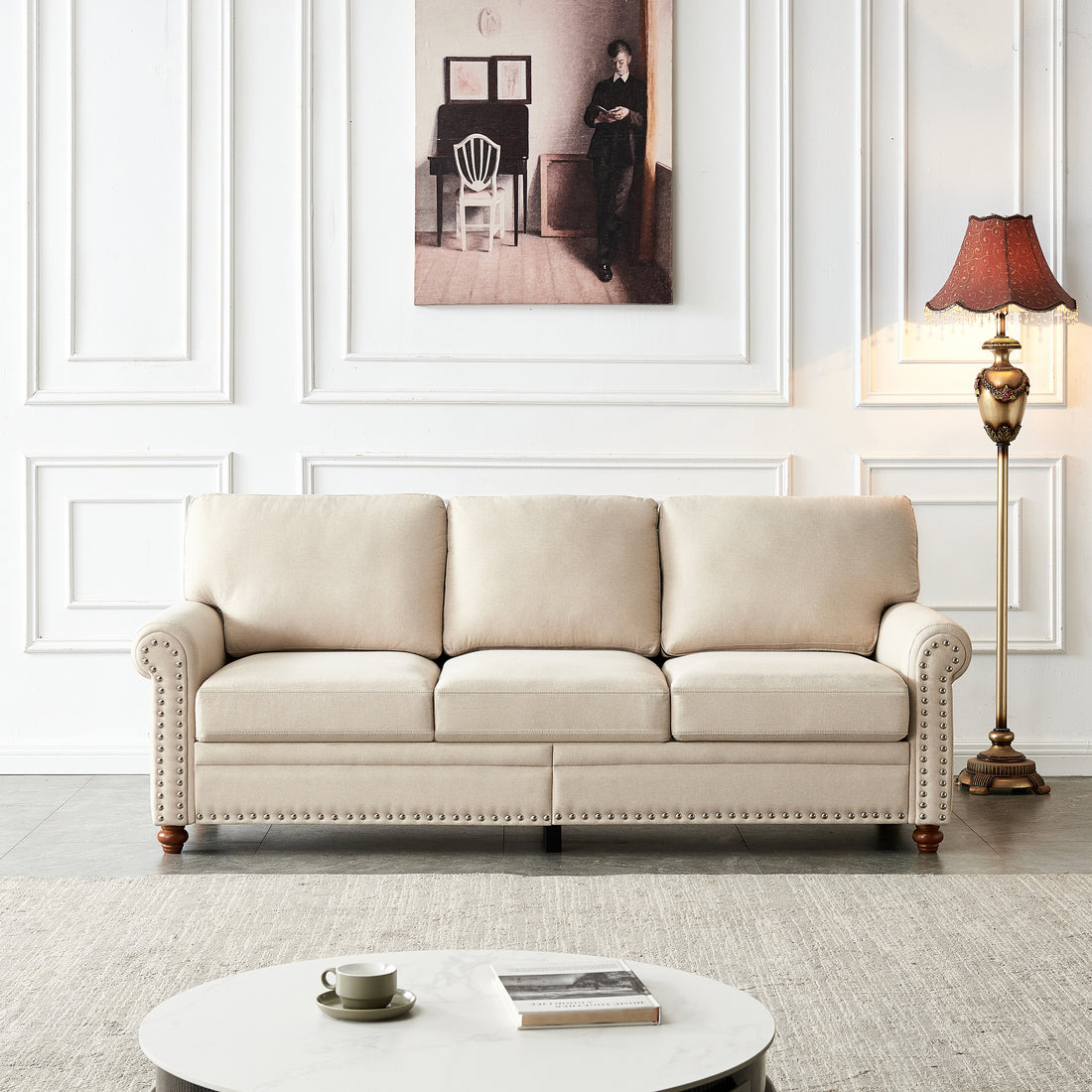 Linen Fabric Upholstery With Storage Sofa Beige Beige Foam Fabric