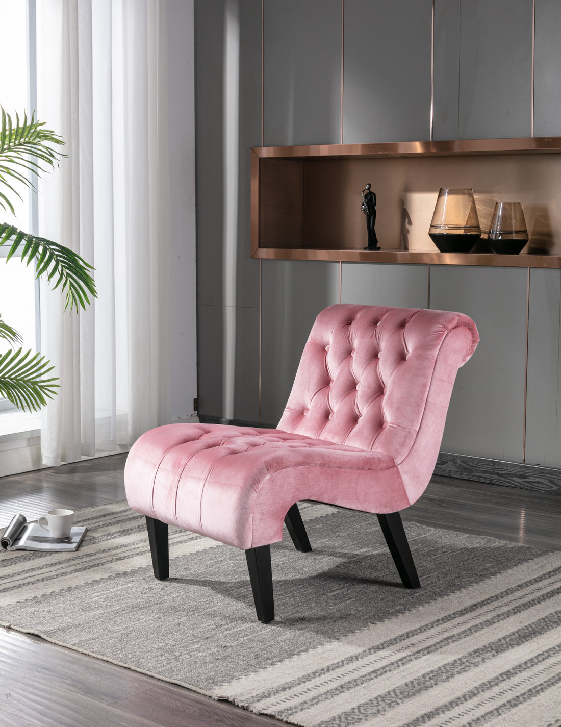 Coolmore Modern Velvet Armless Accent Living Room Chair Leisure Chair,Upholstered Fabric Button Comfortable Chair With Wooden Legs For Bedroom, Living Room, Office Pink Velvet Pink Primary Living Space Foam Velvet