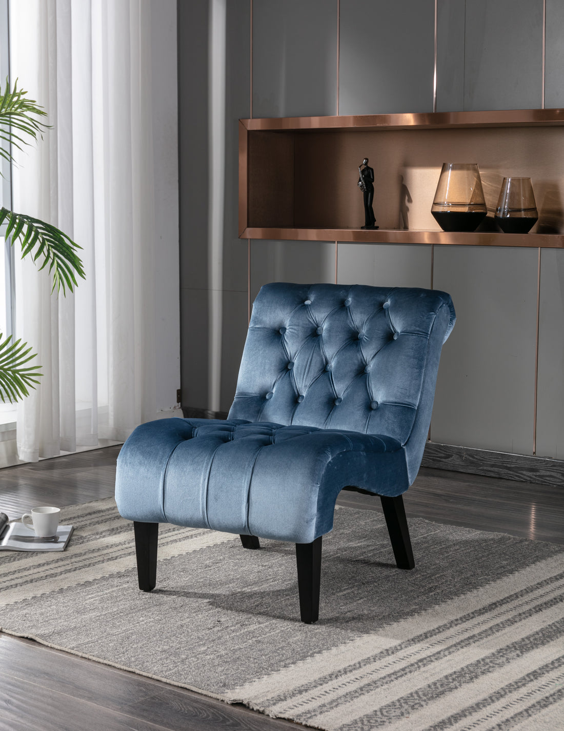 Coolmore Modern Velvet Armless Accent Living Room Chair Leisure Chair,Upholstered Fabric Button Comfortable Chair With Wooden Legs For Bedroom, Living Room, Office Light Blue Velvet Light Blue Foam Velvet