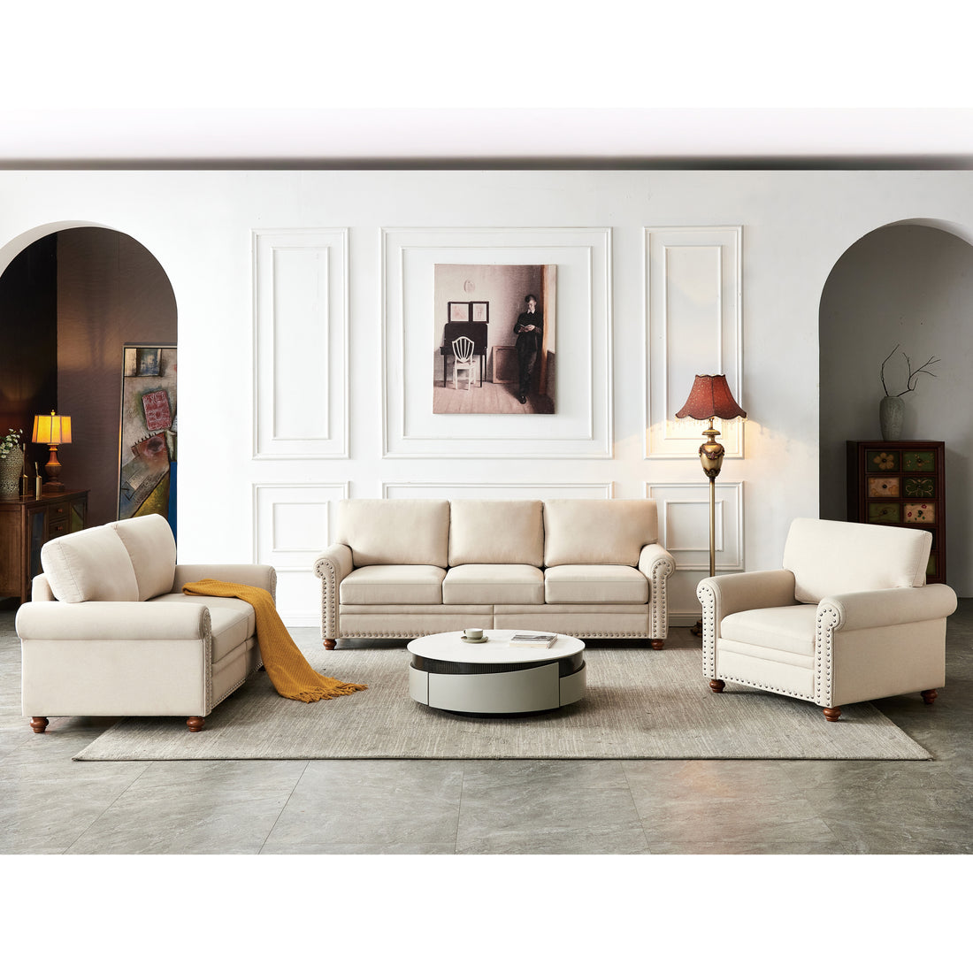 Linen Fabric Upholstery With Storage Sofa 1 2 3 Sectional Beige Beige Foam Fabric
