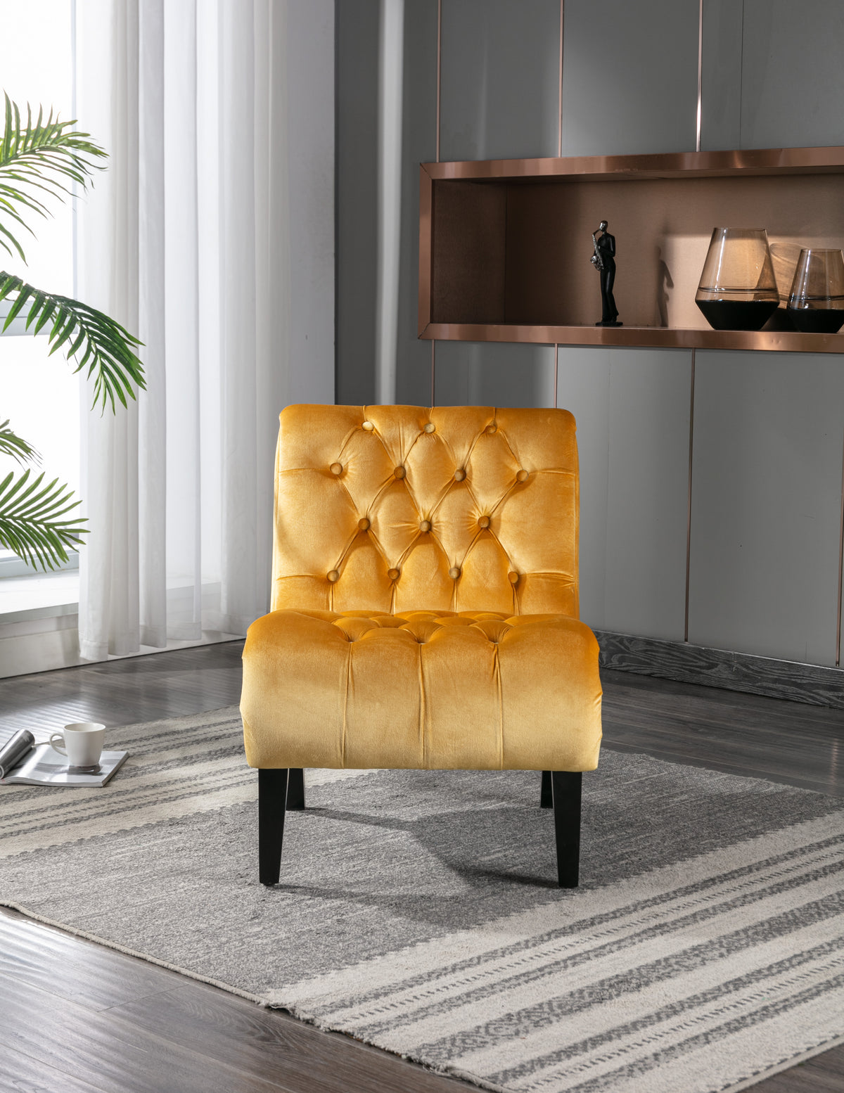Coolmore Modern Velvet Armless Accent Living Room Chair Leisure Chair,Upholstered Fabric Button Comfortable Chair With Wooden Legs For Bedroom, Living Room, Office Mustard Velvet Mustard Primary Living Space Foam Velvet