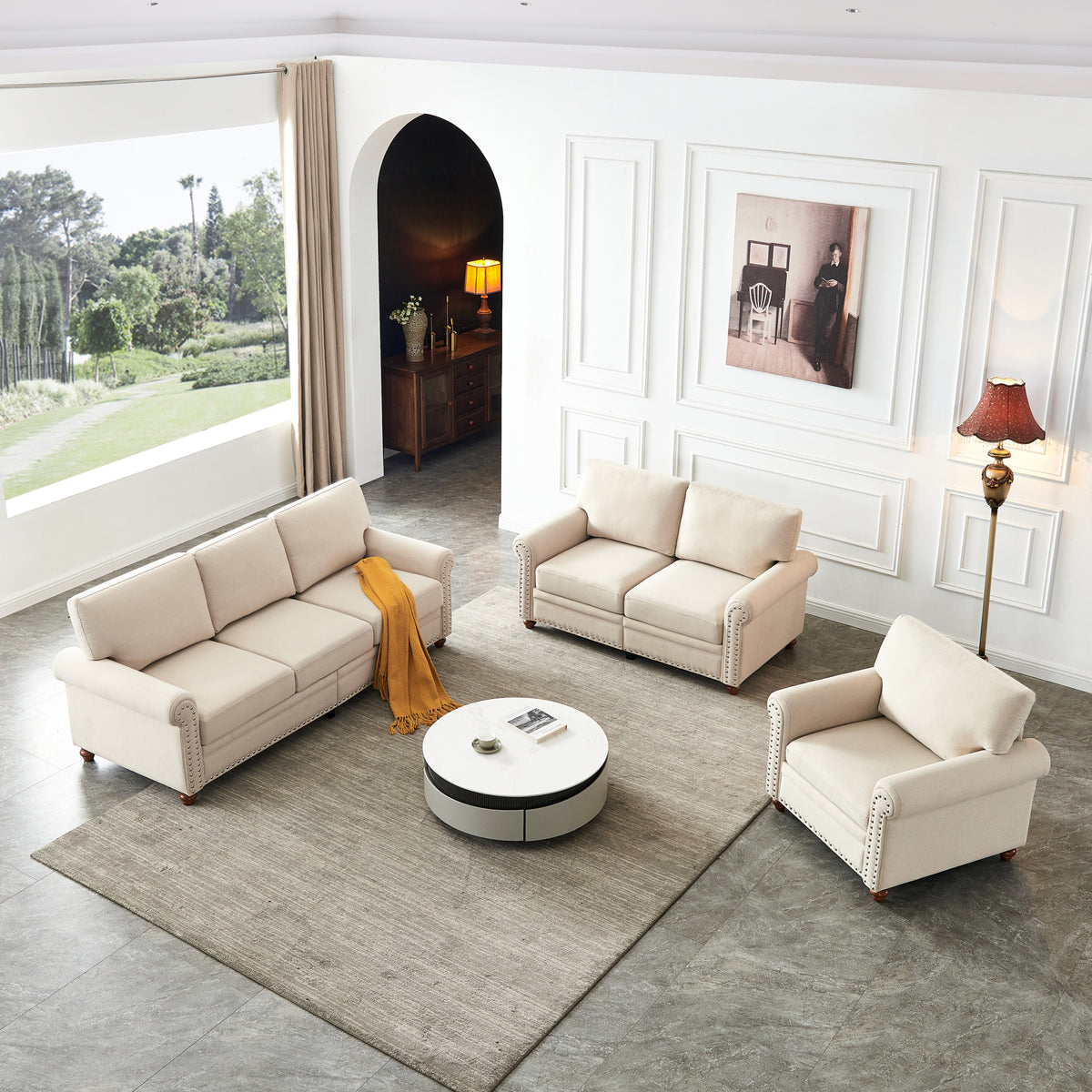 Linen Fabric Upholstery With Storage Sofa 1 2 3 Sectional Beige Beige Foam Fabric