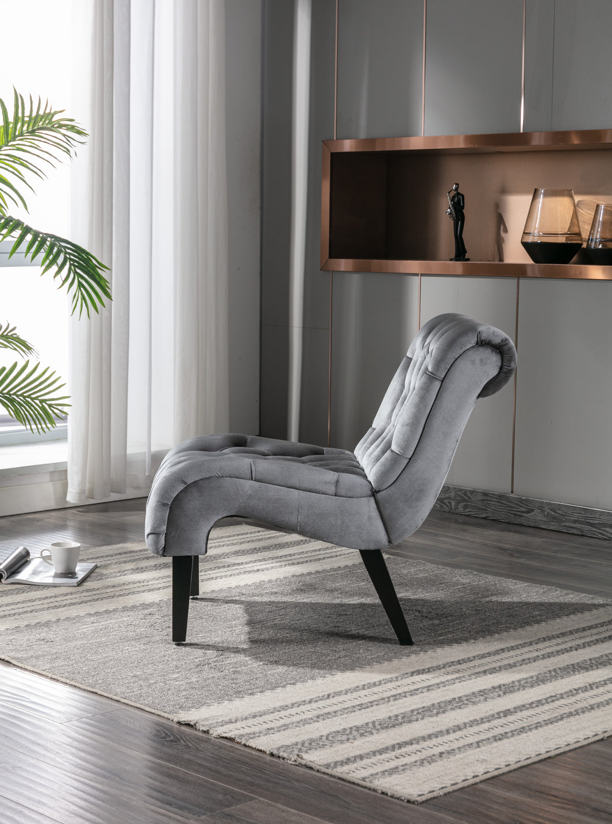 Coolmore Modern Velvet Armless Accent Living Room Chair Leisure Chair,Upholstered Fabric Button Comfortable Chair With Wooden Legs For Bedroom, Living Room, Office Silver Velvet Silver Foam Velvet