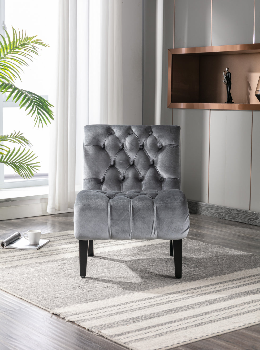 Coolmore Modern Velvet Armless Accent Living Room Chair Leisure Chair,Upholstered Fabric Button Comfortable Chair With Wooden Legs For Bedroom, Living Room, Office Silver Velvet Silver Foam Velvet