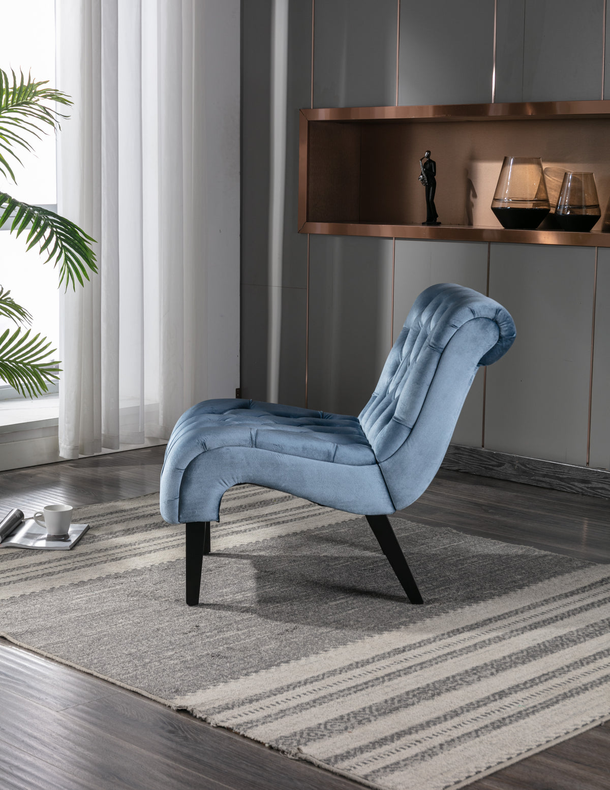 Coolmore Modern Velvet Armless Accent Living Room Chair Leisure Chair,Upholstered Fabric Button Comfortable Chair With Wooden Legs For Bedroom, Living Room, Office Light Blue Velvet Light Blue Foam Velvet