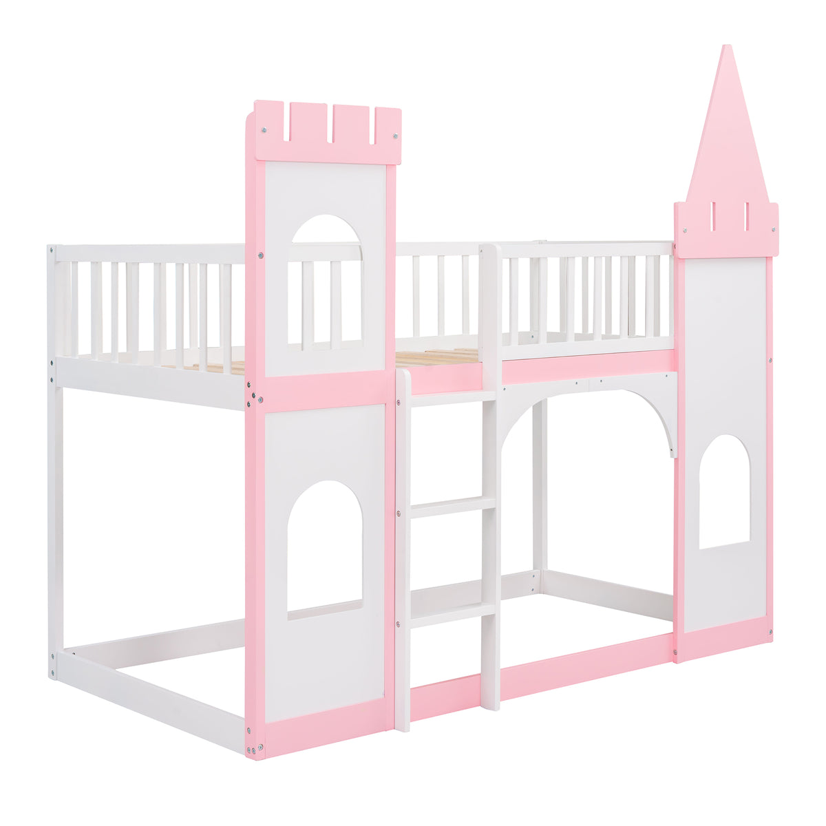 Twin Over Twin Castle Bunk Bed With Ladder Pink Pink Solid Wood