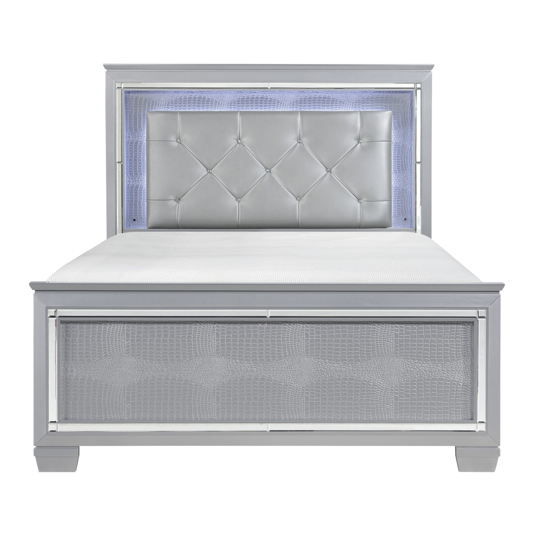 Silver Finish Upholstered Button Tufted 1Pc Queen Size Bed Led Headboard Faux Alligator Embossed Textural Panels Wooden Bed Queen Silver Bedroom Glam,Modern Wood