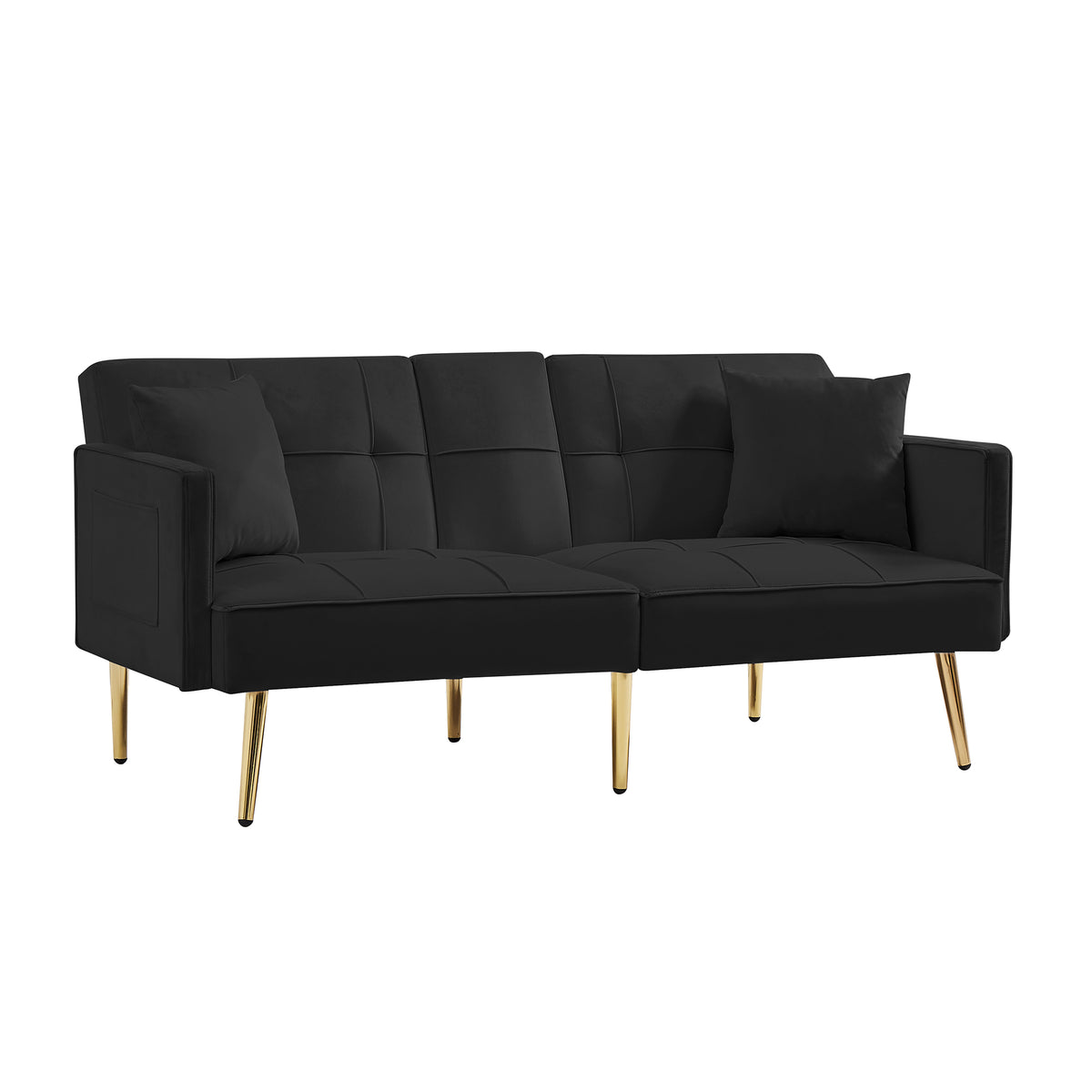 Black Velvet Futon Sofa Bed With Gold Metal Legs Black Velvet Wood Tufted Back Eucalyptus Square Arms Foam Velvet 2 Seat