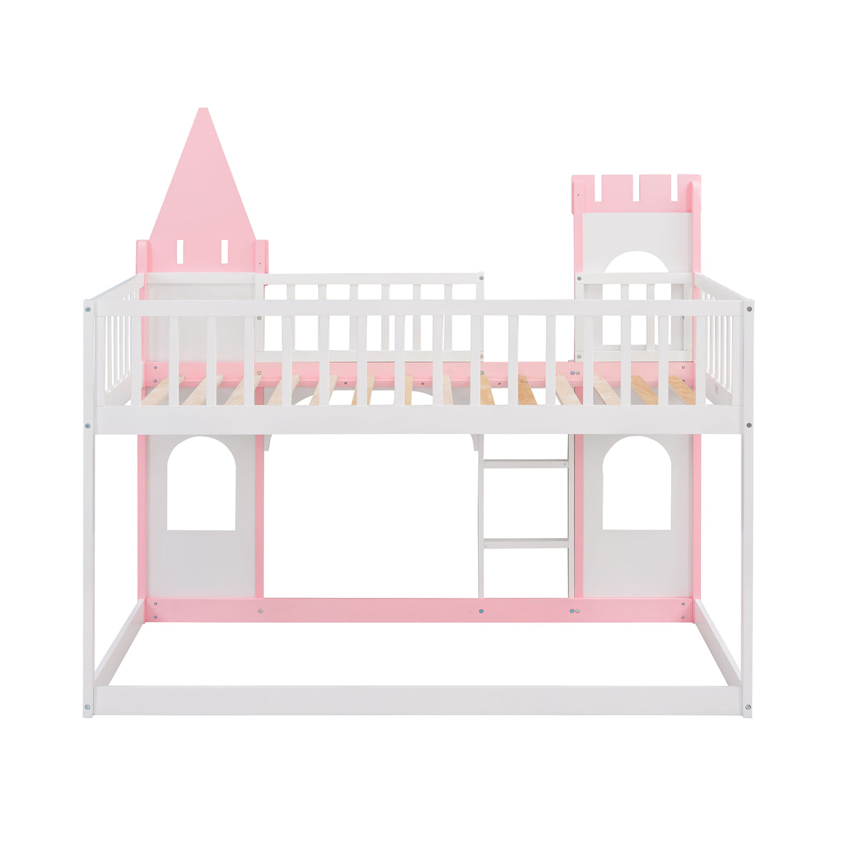 Twin Over Twin Castle Bunk Bed With Ladder Pink Pink Solid Wood