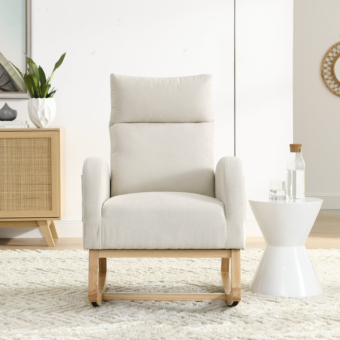Video Welike 27.6"W Modern Accent High Backrest Living Room Lounge Arm Rocking Chair, Two Side Pocket W83453708 Beige Foam Fabric