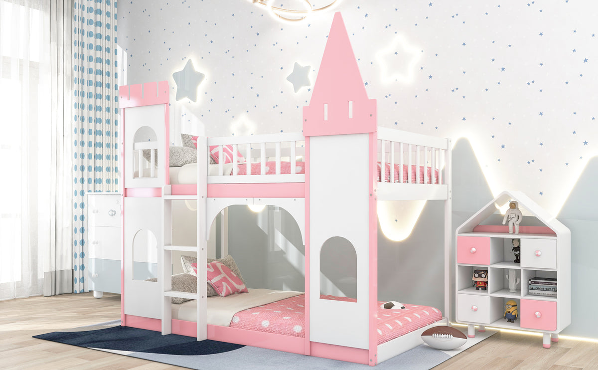 Twin Over Twin Castle Bunk Bed With Ladder Pink Pink Solid Wood