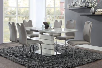Modern Sleek Design 7Pc Dining Set Table With Self Storing Leaf And 6X Side Chairs Metal Frame Contemporary Dining Room Furniture Off White Seats 6 Dining Room Extendable Ultra Modern Dining Table With Chair Metal & Wood