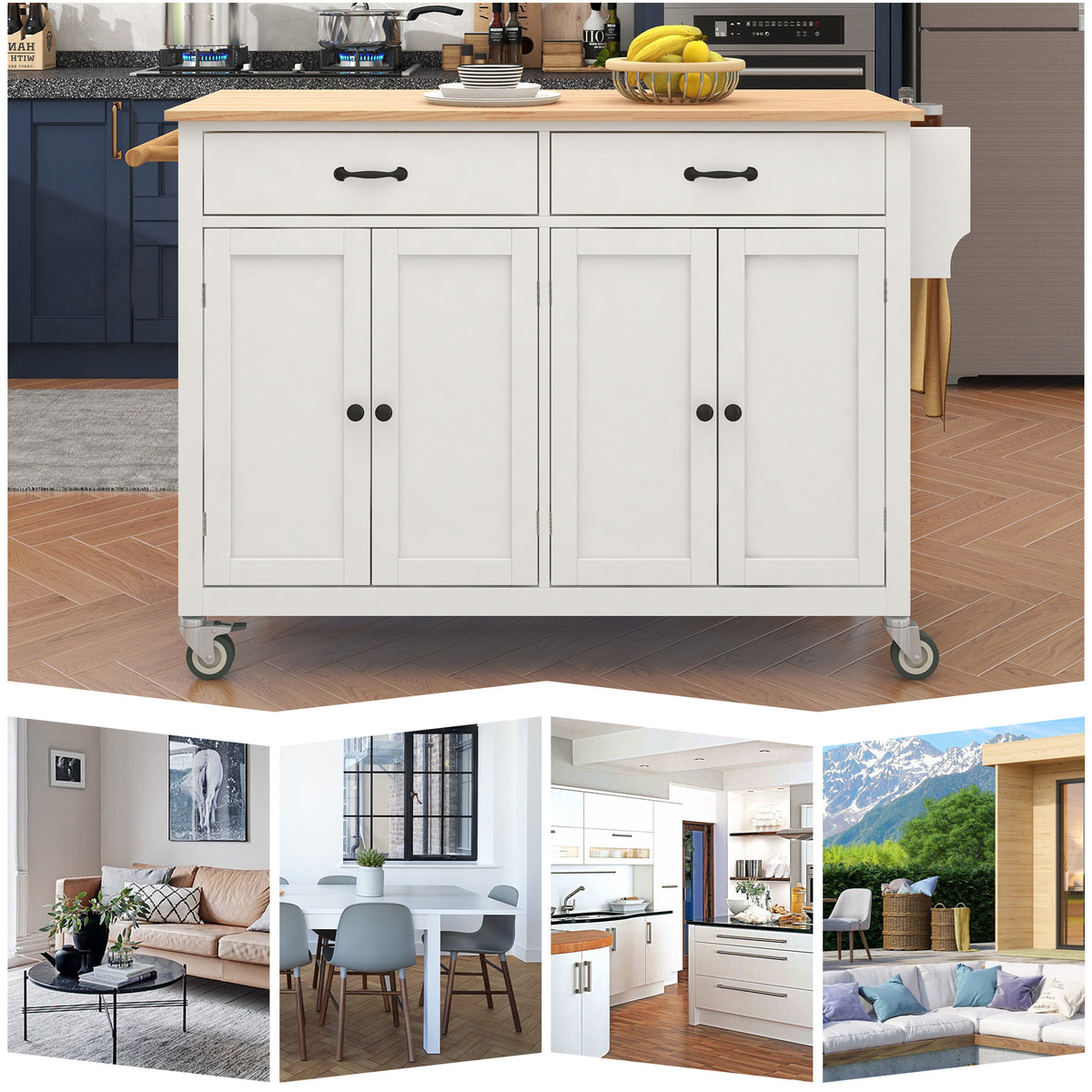 Kitchen Island Cart With Solid Wood Top And Locking Wheels,54.3 Inch Width,4 Door Cabinet And Two Drawers,Spice Rack, Towel Rack White White Mdf