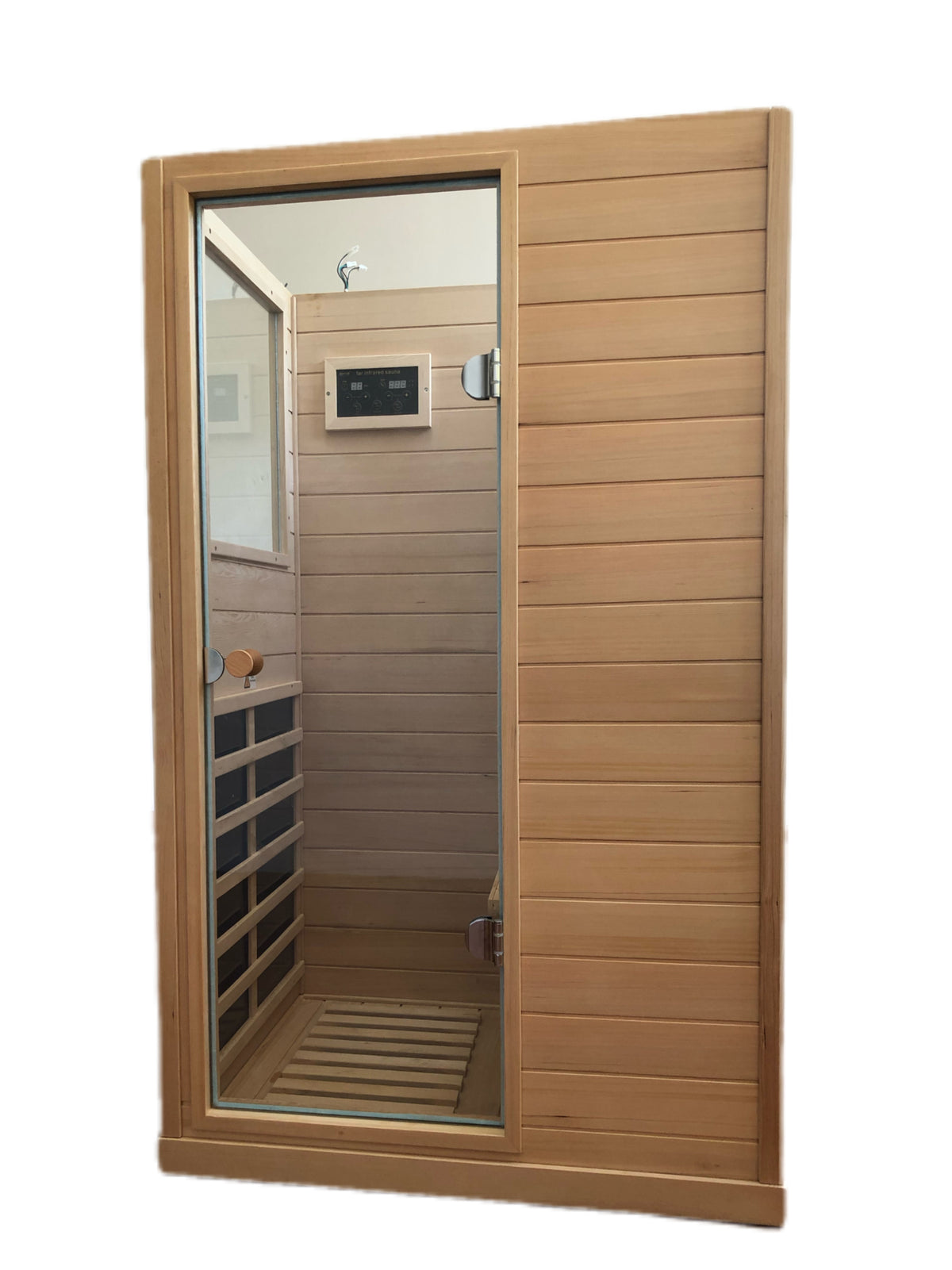 Hemlock Mini One Person Far Infrared Door On The Left Of The Indoor Sauna Room Natural Solid Wood