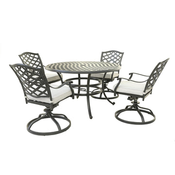 Aluminum 5 Piece Round Dining Set With 4 Swivel Rockers, Cast Silver Brown Ivory Polyester Aluminum