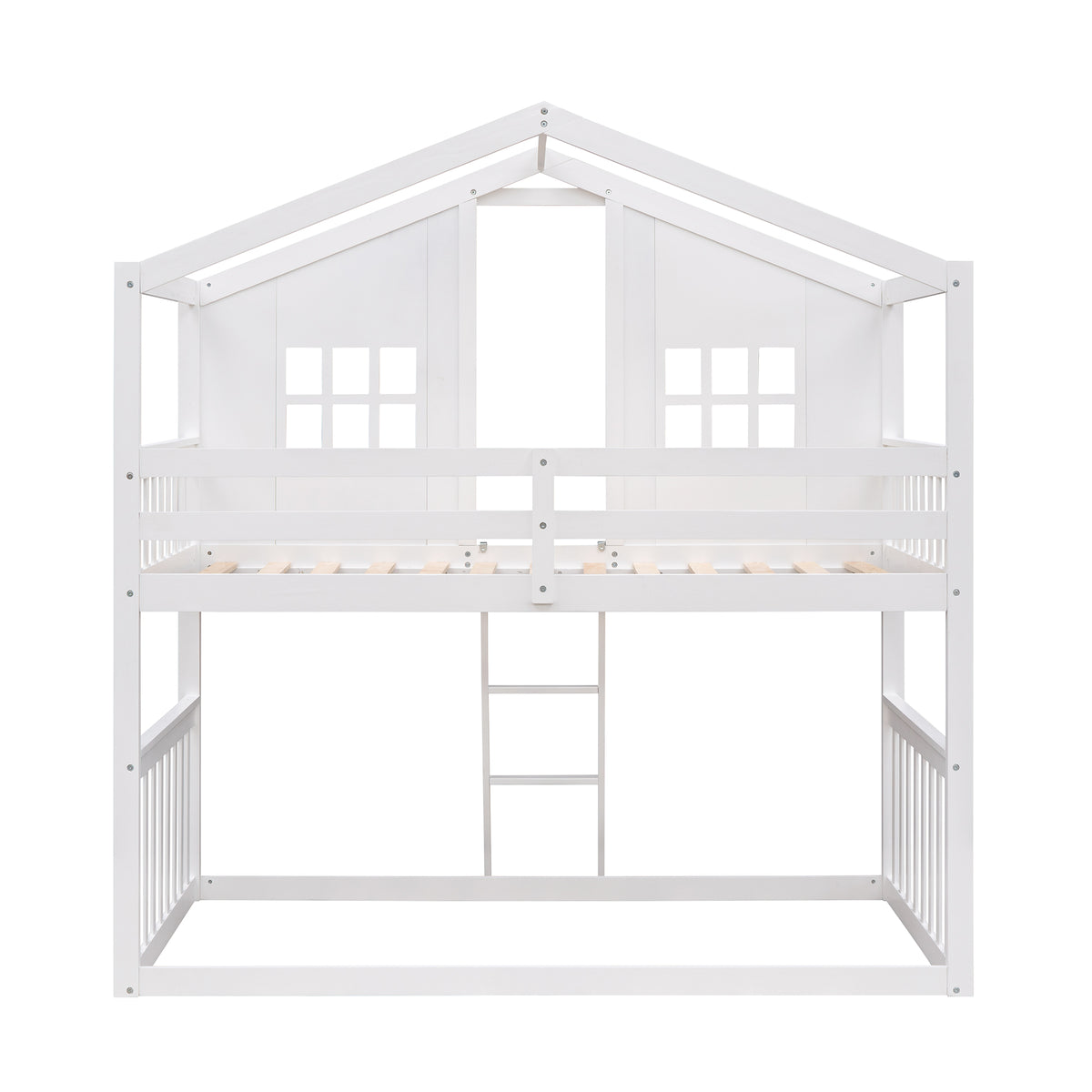 Twin Over Twin House Bunk Bed With Ladder, Wood Bed White White Solid Wood