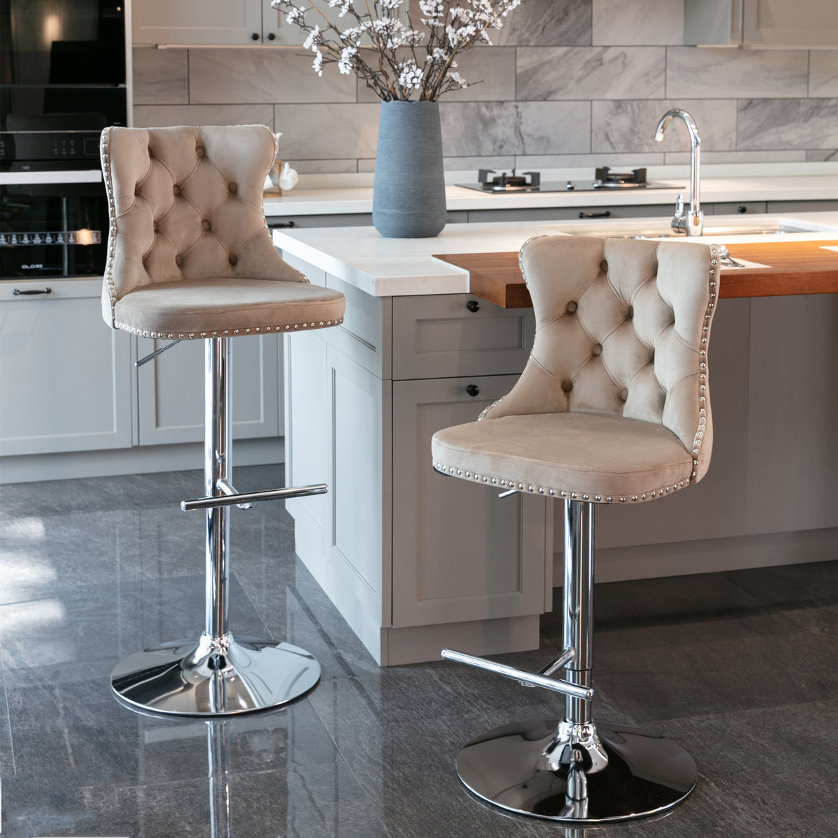 Swivel Velvet Barstools Adjusatble Seat Height From 25 33 Inch, Modern Upholstered Chrome Base Bar Stools With Backs Comfortable Tufted For Home Pub And Kitchen Island Khaki,Set Of 2 Khaki Foam Velvet