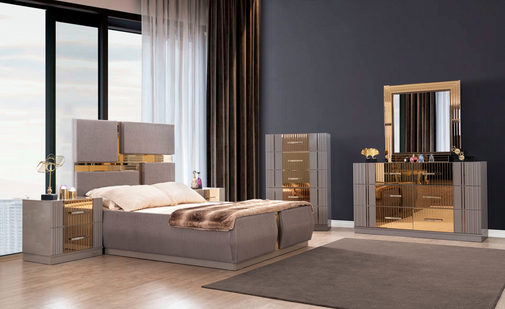 Lorenzo Gold Detailed Tufted Upholstery Queen Bed Made With Wood In Gray Box Spring Not Required Queen Gray Wood Bedroom Modern Acacia Bed Frame Wood