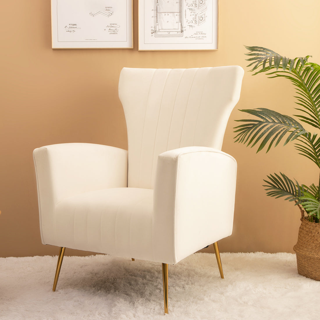 Velvet Accent Chair, Wingback Arm Chair With Gold Legs, Upholstered Single Sofa For Living Room Bedroom, White White Velvet 1 Seat
