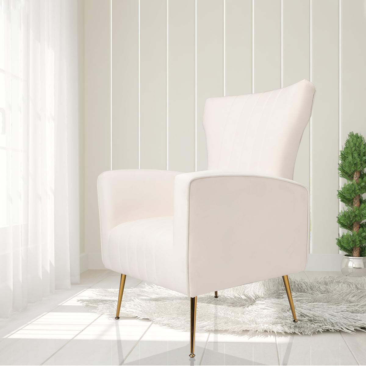 Velvet Accent Chair, Wingback Arm Chair With Gold Legs, Upholstered Single Sofa For Living Room Bedroom, White White Velvet 1 Seat