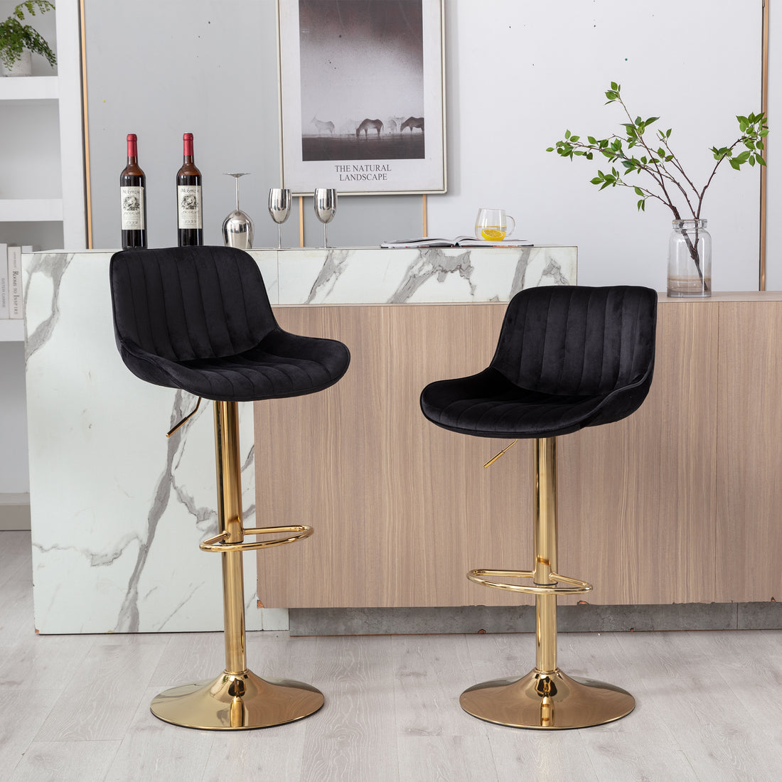 Chrome Footrest And Base Swivel Height Adjustable Mechanical Lifting Velvet Golden Leg Simple Bar Stool,Set Of 2,Black Black Foam Fabric